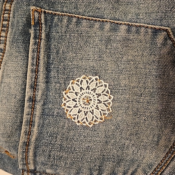 Hand Crafted Upcycled Denim Crochet Shorts Granny Square Handmade High rise 29 - Picture 12 of 17